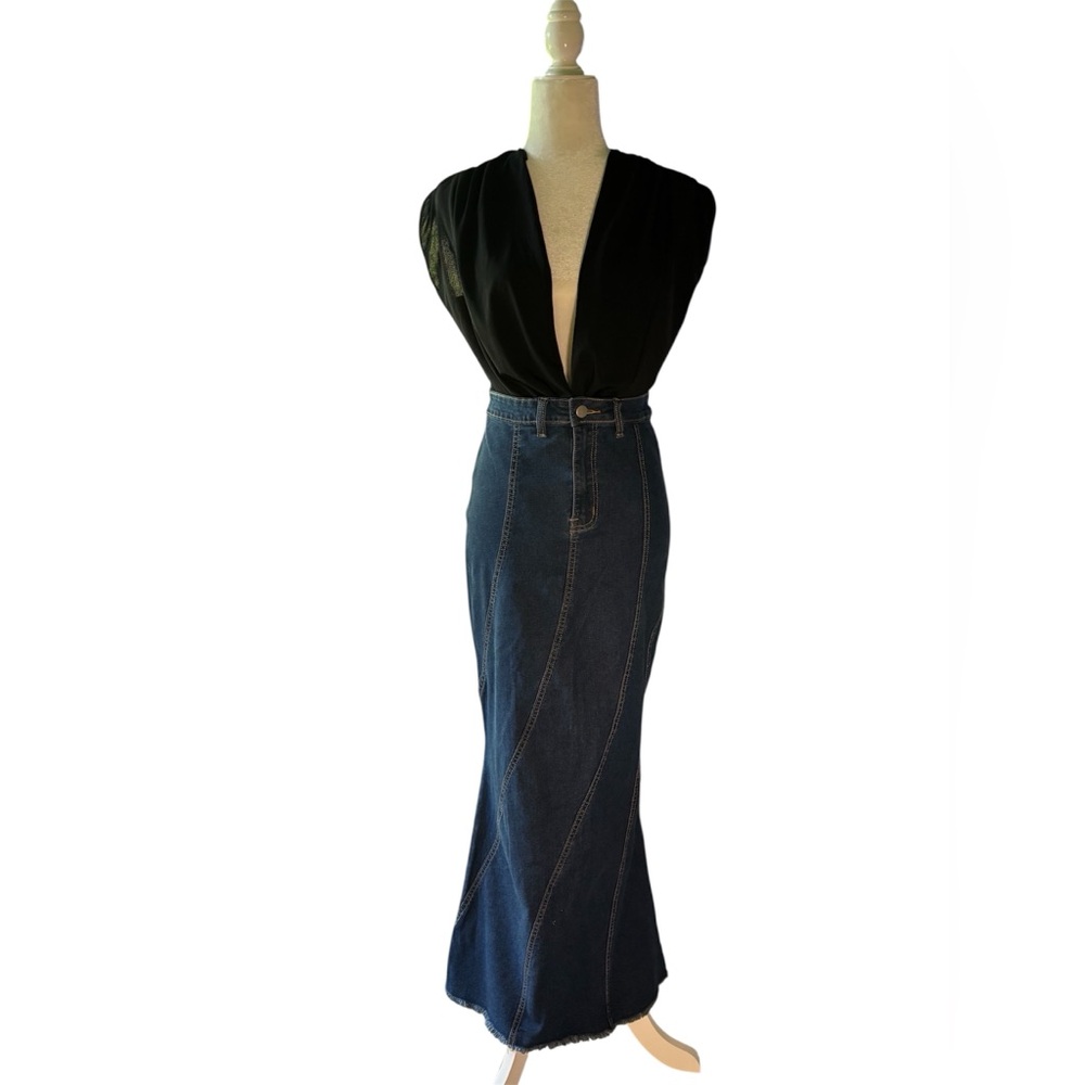 SHEIN Dark Wash Denim Midi Skirt High Waist Panel Seam Fitted| Y2K